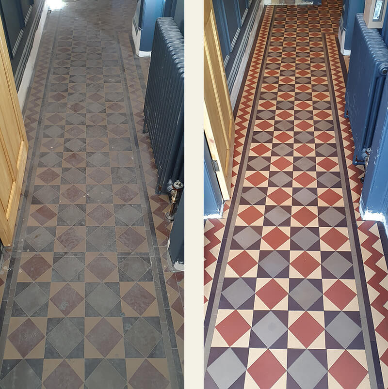 Before and after comparison of a Victorian tiled floor restoration, highlighting color vibrancy