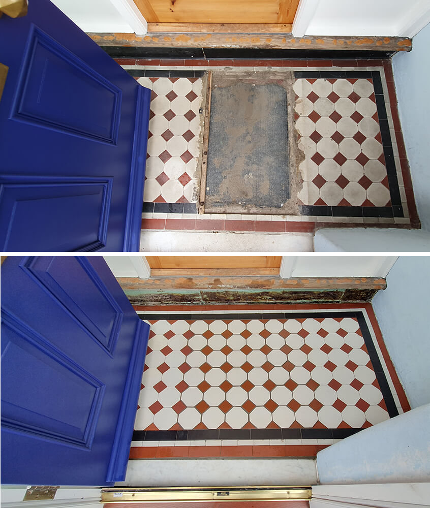 before and after Victorian floor tiles door mat damage