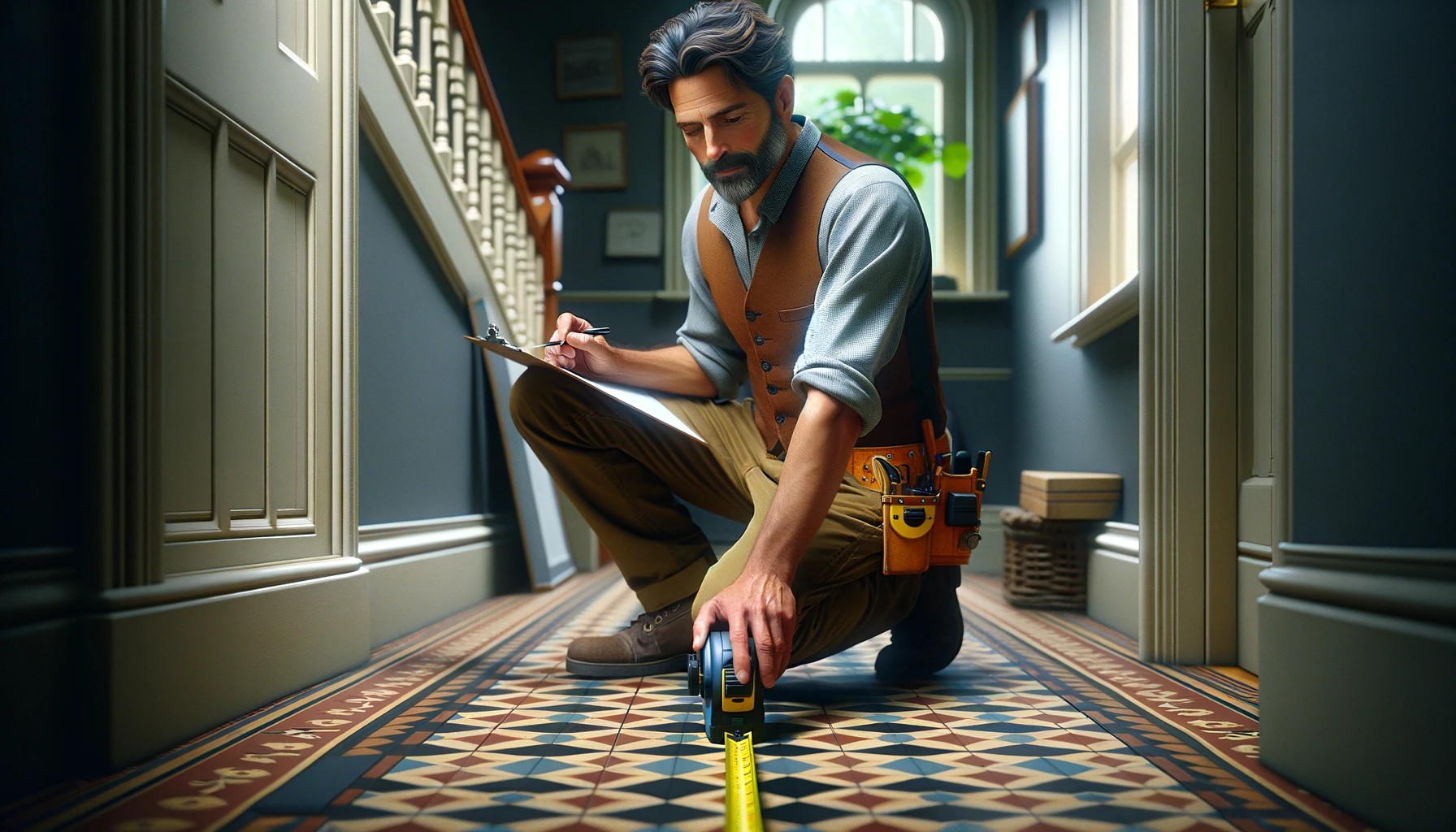 Restoration expert examining Victorian tiled floor damage