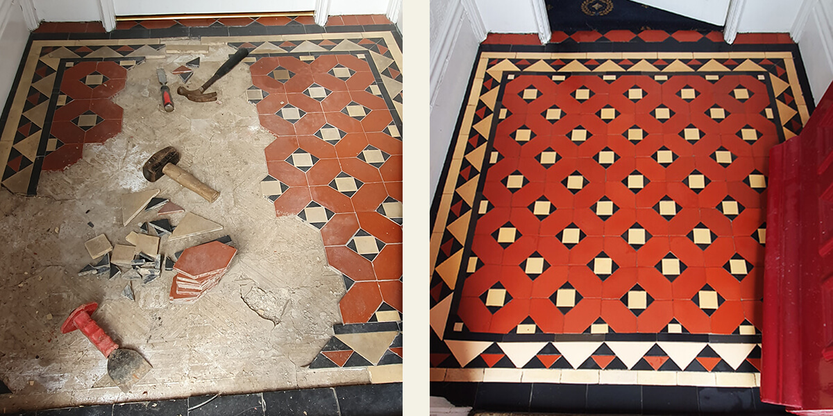 DIY restorer carefully replacing damaged Victorian tile.