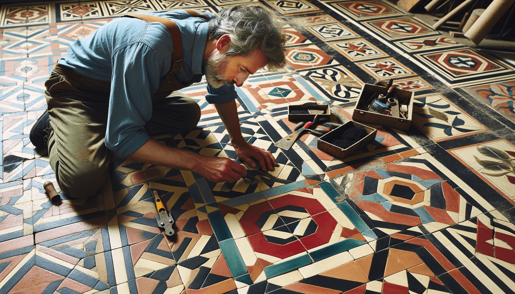 Before and after of a beautifully restored Victorian floor mosaic.